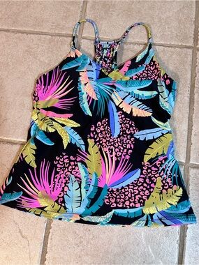 Women’s Tropical Print Racerback Tankini Top – Black with Neon Leaf Print